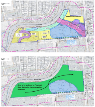 [CREDIT: City of Warwick] At top, the current proposal for a  175 Post Road contractor storage facility. Below, Planner Tom Kravitz's proposal to increase conservation space in the plan.