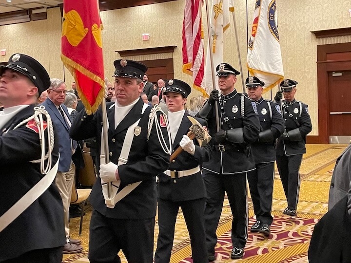 [CREDIT: Rob Borkowski] The WPD and WFD honor guards cary the colors out of the ballroom at the end of Warwick's inauguration ceremony Jan. 3 at Crowne Plaza Warwick.