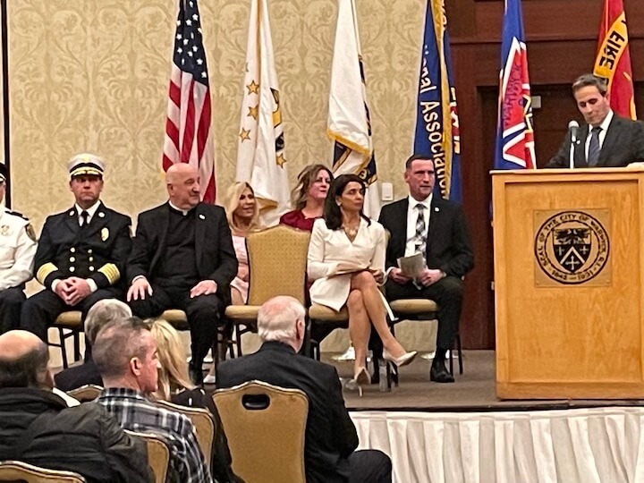 [CREDIT: Rob Borkowski] Mayor Frank Picozzi swore in newly elected School Committee members, second row, Leah Ann Hazelwood, Michelle Chapman and Shaun Galligan during the inauguration night at Crowne Plaza Warwick Jan. 3.