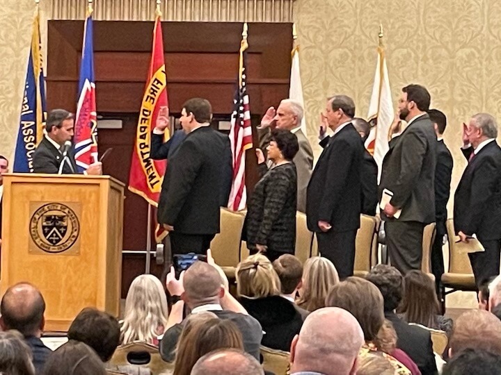 [CREDIT: Rob Borkowski] Mayor Frank Picozzi delivers the oath of office to the Warwick City Council at Crowne Plaza Warwick Jan. 3.