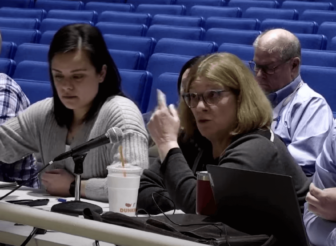 [CREDIT: WPS} Camely Machado, Manager of Non-Instructional Student Services, left, and Carla McGovern, transportation coordinator, answer questions about the bus driver shortage and crossing guard shortage.