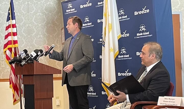[CREDIT: Rob Borkowski] Mike Wuerger, Chief Operations Officer for Breeze Airways, thanked Governor Dan McKee, Speaker Joseph Shekarchi , Senate President Peter Ruggierio, RIAC CEO and President Iftikhar and the General Assembly for their help establishing a Breeze Airways base of operations at T.F. Green Airport.