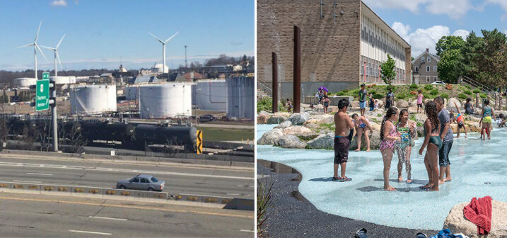 [CREDIT: DEM] DEM is seeking input on its environmental justice policy to help communities receiving more than their share of pollution and fewer recreation resources. Left: Port of Providence as seen from I-95; right: the spray park at Joslin Recreation Center in the Olneyville section of Providence. Funding from a DEM Outdoor Recreation Grant in 2016 paid for improvements at the spray park including shade sails, landscaping, and play structures.