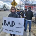 [CREDIT: Joe Siegel] Protesters objected to the billboard promoting Gamm Theatre's production of "Bad Jews," which opened for a press preview Sunday. Protesters also take issue with the title of the play.