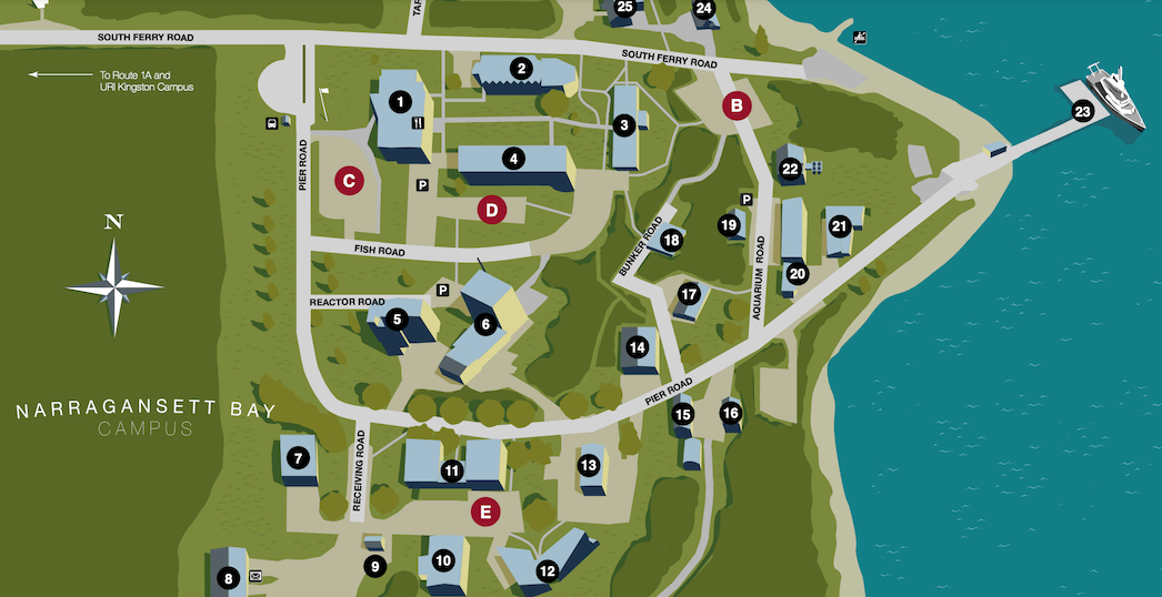 [CREDIT: URI] A map of URI's Narragansett Bay Campus, where Sen. Jack Reed will meet with NSF Director Panchanathan and Rhode Island researchers.