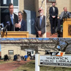 [CREDIT: WP Composite; Magaziner, Picozzi offices] Rep. Seth Magaziner (RI-02), second from left, joined, from left, former Rep. Jim Langevin (RI-02), Warwick Mayor Frank Picozzi, State Rep. Dave Bennett, and City Councillor Jeremy Rix to celebrate $920K in Community Project Funding for Warwick Library Apponaug & Norwood Branches' accessibility improvements.