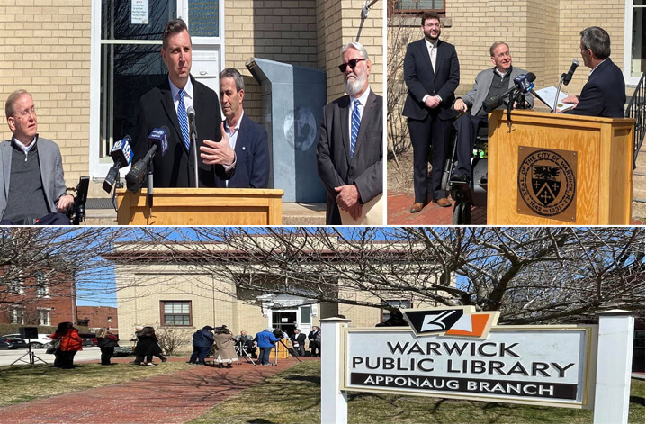 [CREDIT: WP Composite; Magaziner, Picozzi offices] Rep. Seth Magaziner (RI-02), second from left, joined, from left, former Rep. Jim Langevin (RI-02), Warwick Mayor Frank Picozzi, State Rep. Dave Bennett, and City Councillor Jeremy Rix to celebrate $920K in Community Project Funding for Warwick Library Apponaug & Norwood Branches' accessibility improvements.