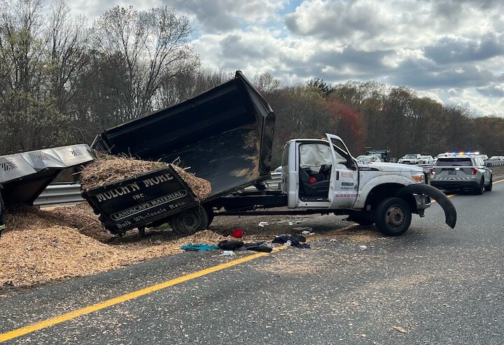 [CREDIT: RISP] A mulch truck rollover on Rte. 95 south near exit 21 blocked traffic on the highway for about two hours.