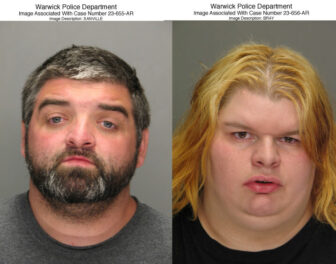 [CREDIT: Warwick Post, original images/WPD] Warwick Police arrested Andrew Sanville, left, and Amanda Bray, charging them with animal cruelty and abandonment in connection with their care of several cats and dogs including the black-furred wandering dogs thought to be dog- wolf hybrids.