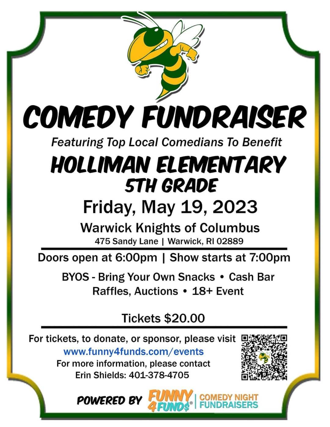 Holliman 5th grade committee is hosting a Funny 4 Funds 18+ comedy event on May 19