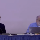 [CREDIT WPS Livestream] Warwick School Committee Member Shaun Galligan, left, led a successful vote to delay the Warwick Schools Budget hearing until information required in School Committee policy is available. School Committee Chair David Testa is at right.