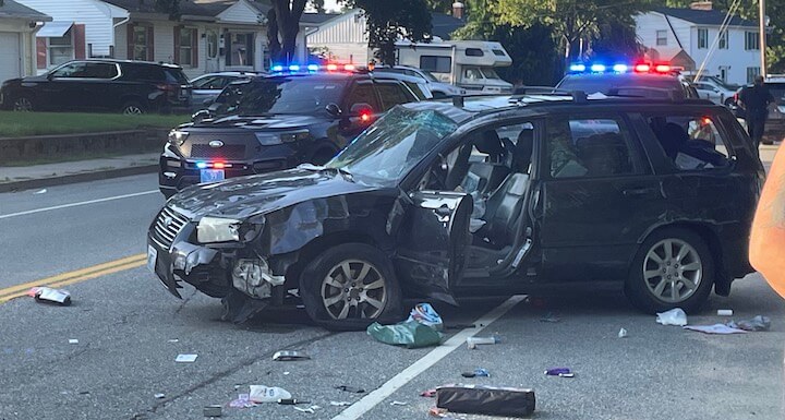 [CREDIT: Rob Borkowski] A crash and Hopkins Hill Road rollover July 28 damaged both cars involved, including the Subaru Forrester, which rolled over, injuring the driver.