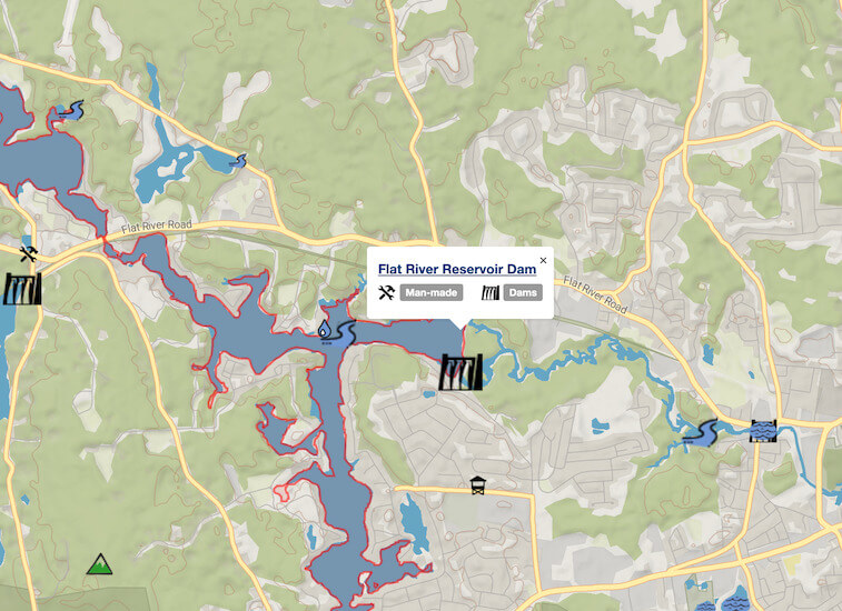 [CREDIT:openstreetmap.org/copyright] A map showing the dam at Johnson's Pond, also known as Flat River Reservoir, in Coventry, RI.