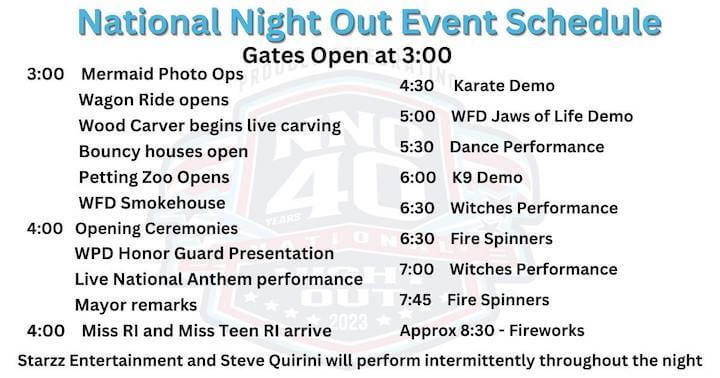 [CREDIT: We Be Jammin] The WPD National Night Out returns Tuesday. Above, the event's schedule lineup.