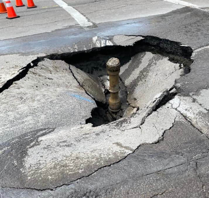 [CREDIT: Mayor Frank Picozzi] Two water main breaks on Centerville Road (Rte. 117) closed traffic for the day Aug. 24. The first, pictured here, was at the intersection of Commonwealth Avenue.