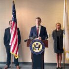 [CREDIT: Rep. Magaziner's Office] Rep. Seth Magaziner (RI-02) held a press conference on the effect a federal government shutdown would have on working Rhode Islanders. From left: Left to right: Matthew McCoy, Justin Kelley, Magaziner, Jamie Green, and Cindy Coyne.