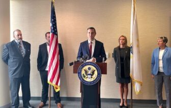 [CREDIT: Rep. Magaziner's Office] Rep. Seth Magaziner (RI-02) held a press conference on the effect a federal government shutdown would have on working Rhode Islanders. From left: Left to right: Matthew McCoy, Justin Kelley, Magaziner, Jamie Green, and Cindy Coyne.