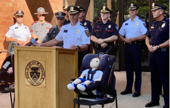 [CREDIT: Cromwell Public Affairs] Thursday, Sept. 21, WPD Police Chief Col. Brad Connor, the Rhode Island Police Chiefs Association and Lifespan’s Injury Prevention Center, spoke about child car safety at WPD HQ.
