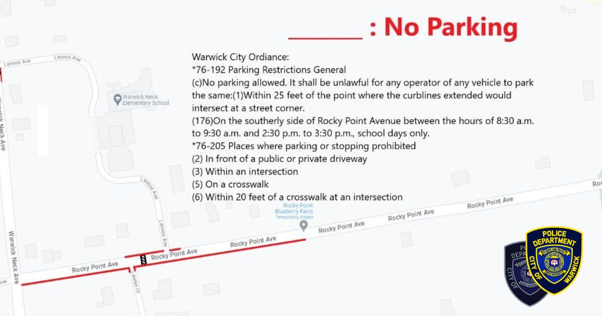 [CREDIT: WPD} Warwick Police posted a reminder about Warwick Neck Parking as the elementary school and others begin their first week of the new school year.