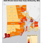 [CREDIT: DEM] A map of 2020 deer auto strikes in Rhode Island. DEM warns drivers to beware during deer breeding season. Deer are more likely to run across roads and highways during this time, lasting until December.