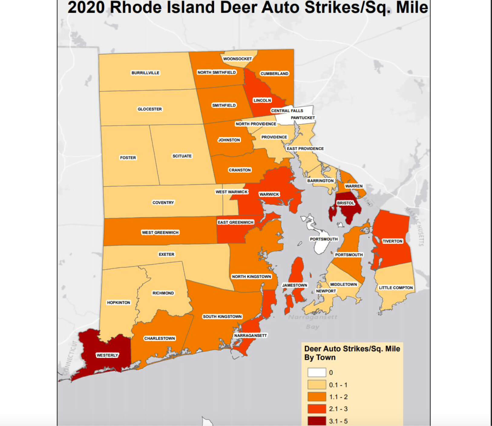 [CREDIT: DEM] A map of 2020 deer auto strikes in Rhode Island. DEM warns drivers to beware during deer breeding season. Deer are more likely to run across roads and highways during this time, lasting until December.