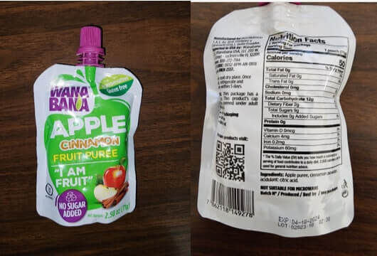 [CREDIT: FDA] The FDA reports Lead Found in WanaBana Apple Cinnamon Fruit Puree Pouches.