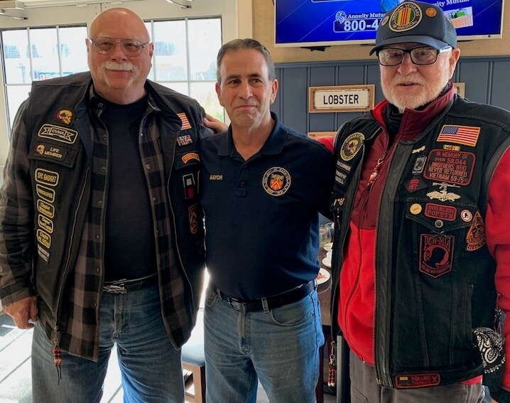 [CREDIT: Courtesy Kim Wineman] From left, Gary Rehak, Veterans Motorcycle Association of RI, Mayor Frank Picozzi, and Dan Thurston, known to friends as Popeye, during Iggy's free Veterans Day breakfast Saturday, Nov. 11, 2023.