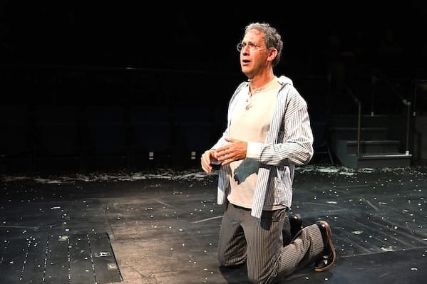 [CREDIT: Trinity Rep] From left,Mauro Hantman as Ebenezer Scrooge, humbled by spirits confronting him with his misdeeds, has a change of heart in Trinity Repretory Comany's "A Christmaas Carol.