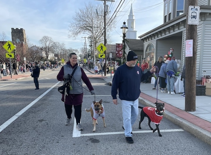 [CREDIT: Rob Borkowski] Peter and Linda DeVincent walk their dogs, Gina and Luna, at the Apponaug Winter Festival Dec. 9.