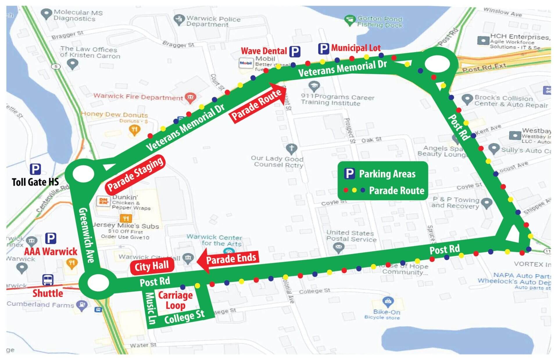 [CREDIT: Warwick Police Department] A map of the parade route, parking and carriage rides for the Rolling, Strolling Apponaug Winter Festival.