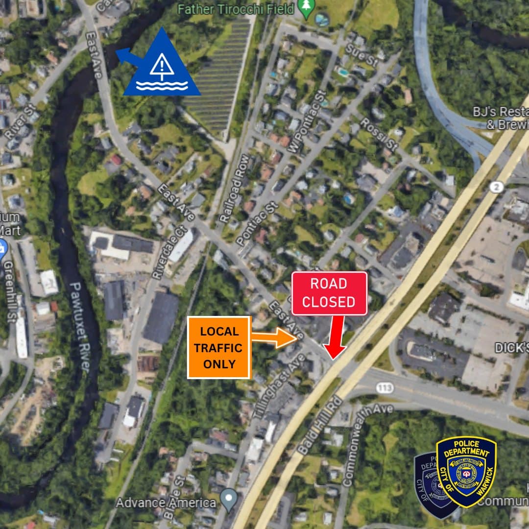 [CREDIT: Warwick Police] Storm damage has closed some local roads. Bald Hill Rd from East Ave to the Pawtuxet River Bridge is closed to thru traffic. The West Warwick side of the bridge is closed to thru traffic at Providence Street & River.