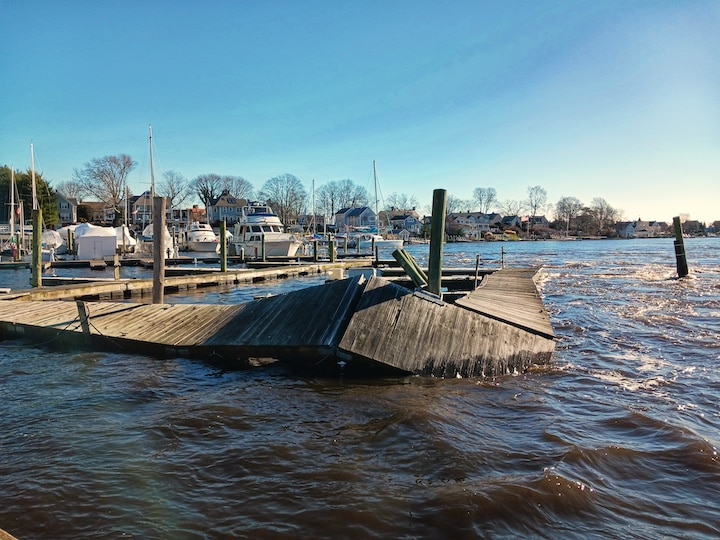 [CREDIT: Lincoln Smith] A damaged dock in Pawtuxet Cove.Dec. 19, 2023.