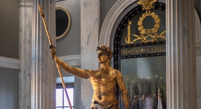 [CREDIT: Gov. Dan McKee's Office] The Independent Man statue will spend another few days in the State House main entrance before moving to Rhode Island National Guard’s North Main Street Armory in Providence.