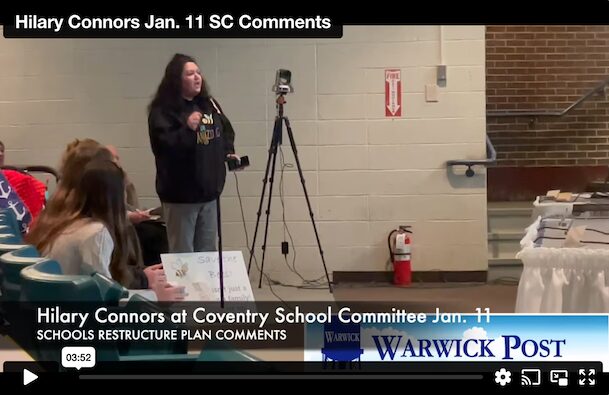 [CREDIT: Rob Borkowski] In Coventry RI news, Hilary Connors speaks about the Coventry Schools Restructure plan at the Jan. 11 School Committee meeting at Coventry Middle School.