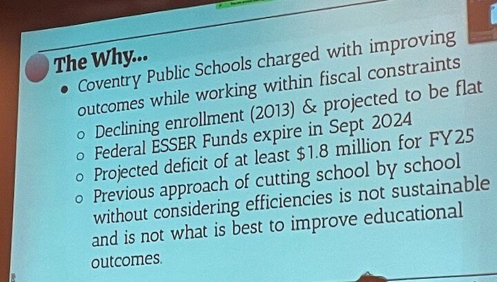 [CREDIT: Rob Borkowski] A slide in Superintendent Don Cowart's review of his Coventry Schools restructure plan, which many critics said did not adequately answer questions raised Jan. 11.