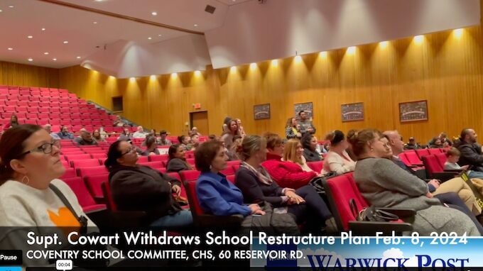 [CREDIT: Rob Borkowski] Supt. Don Cowart withdrew his Coventry Schools Restructure Plan Feb. 8. The decision was met with loud applause and several grateful comments.