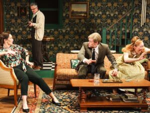[CREDIT: Cat Laine] The members of a house party scatter in 'Who's Afraid of Virginia Woolf?' From left: Jeanine Kane (Martha), Tony Estrella (George), Gunnar Manchester (Nick), Gabrielle McCauley (Honey).