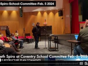 [CREDIT: Rob Borkoski] Kenneth Spiro addresses the Coventry School Committee Feb. 5, 2024 at Coventry High, telling them Superintendent Don Cowart is "The Titanic" and his Coventry Schools Restructure Plan is an iceberg.