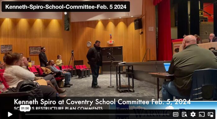 [CREDIT: Rob Borkoski] Kenneth Spiro addresses the Coventry School Committee Feb. 5, 2024 at Coventry High, telling them Superintendent Don Cowart is "The Titanic" and his Coventry Schools Restructure Plan is an iceberg.