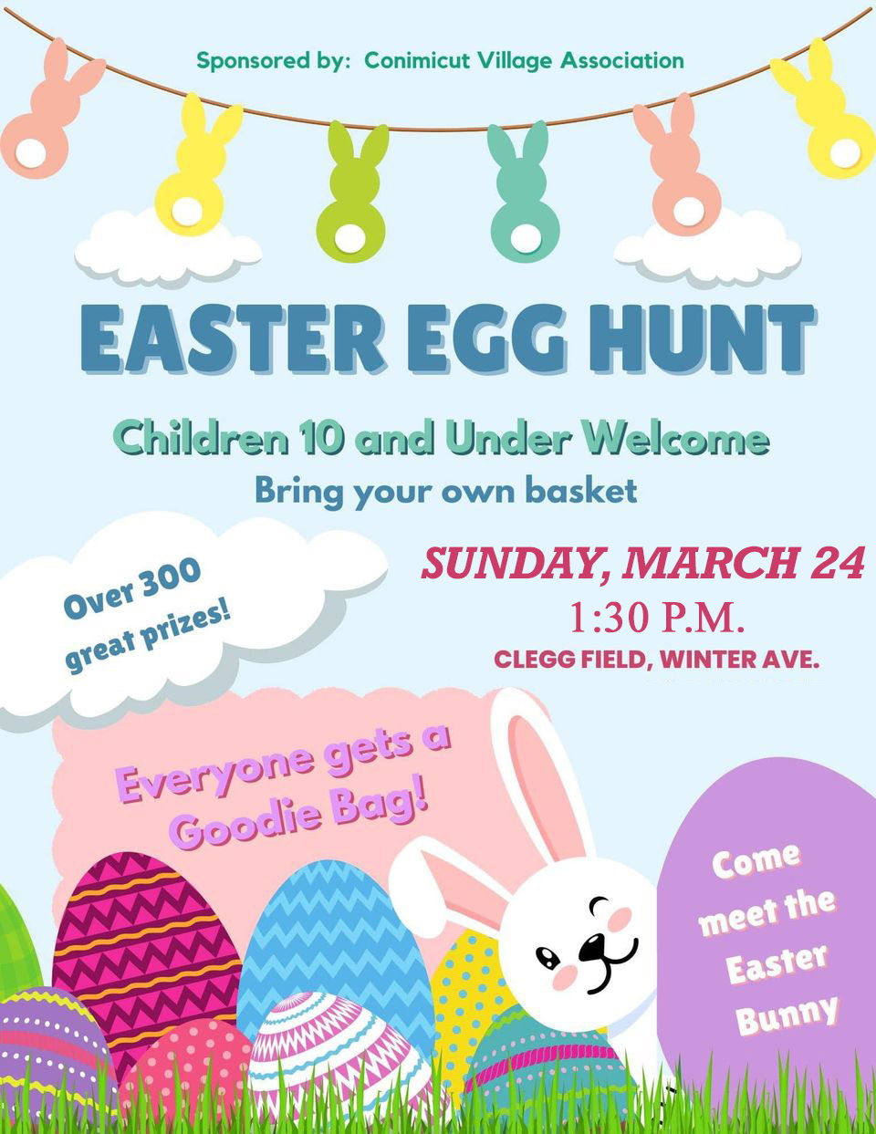Bring your baskets to the Clegg Field Easter Egg Hunt Sunday at 1:30 p.m. in Conimicut Village.