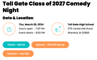 [CREDIT: Funny4Funds] Toll Gate Comedy Night March 28-  A comedy night fundraiser for the class of 2027 featuring local comedians with Funny4Funds.
