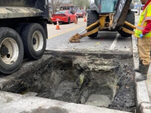 [CREDIT: Mayor Picozzi] The Warwick Sewer Authority repaired a sewer line break on West Shore Road Wednesday-Thursday. A long term rehab of the sewer line there is expected to start this spring.