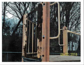 [CREDIT: Raena Blumenthal] Aging Harris Park playground equipment, such as this rusting jungle gym, had to be removed in 2018. New equipment will be installed thanks to a DEM grant.