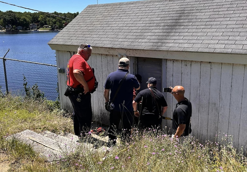 [CREDIT: James LeBlanc] At far right, Town Councilman Jonathan Pascua photographs the entry of town personnel into the pump house at Johnson's Pond & Dam June 28, 2024.