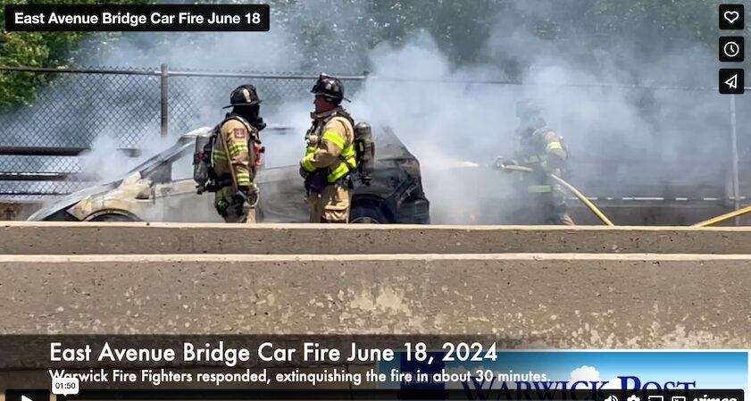 [CREDIT: Rob Borkowski] A car fire on the East Avenue bridge held up traffic in the west lane of the street June 18 at noon.