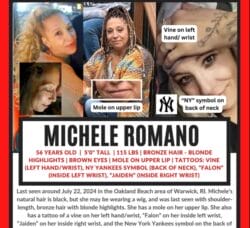 [CREDIT: Unsolved RI] Michele Romano was reported missing in July 2024.Her remains were recently discovered in Foster. State and local police are investigating the death of the missing Warwick woman.