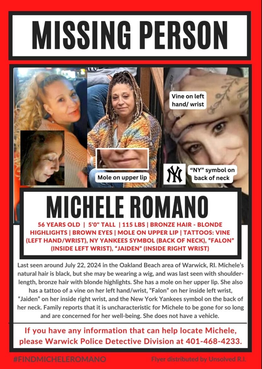 [CREDIT: Unsolved RI] Michele Romano was reported missing in July 2024.Her remains were recently discovered in Foster. State and local police are investigating the death of the missing Warwick woman.