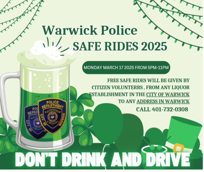 [CREDIT: WPD] Warwick Police offer safe rides home from Warwick establishments this St. Patrick's Day.