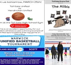 Warwick weekend events include two Warwick Unified Basketball events, Toll Gate Drama's The Alibi, and open skating.