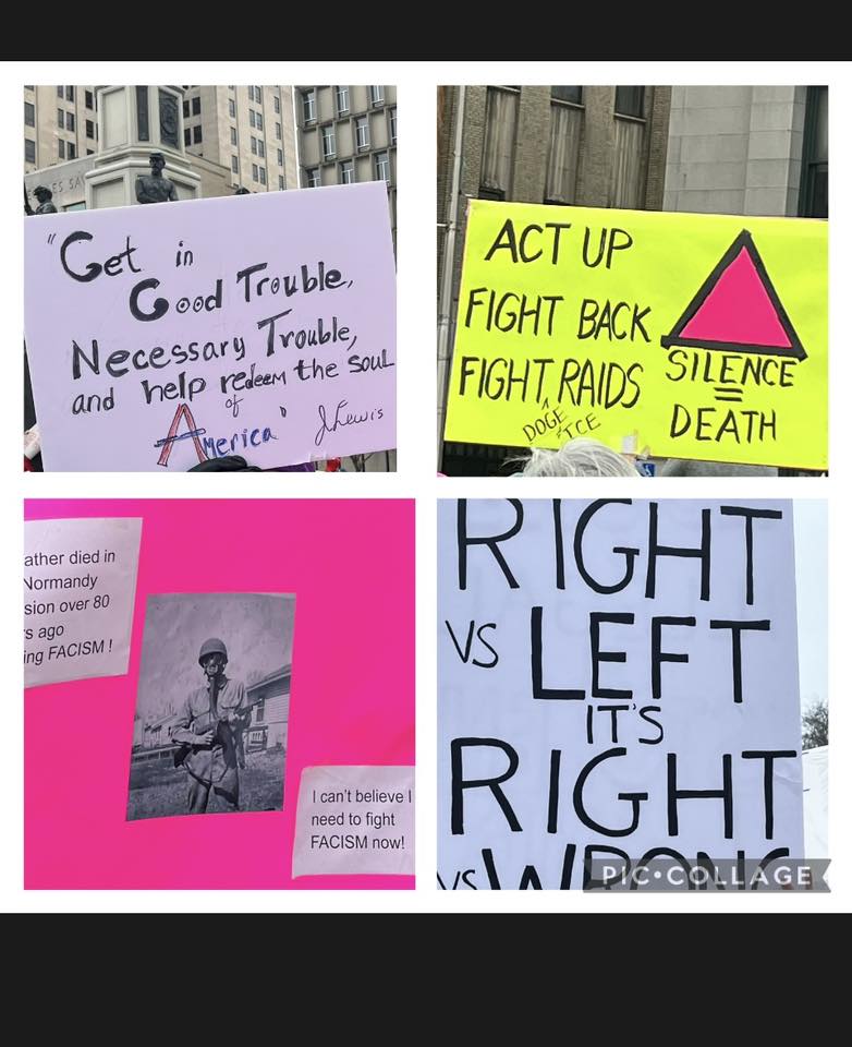 [CREDIT: Jeannine Asprinio] Thousands of people swelled the streets in Providence April 5 to tell the Musk -Trump Coup to take their hands off Americans' freedoms, security, voting rights, during the national Hands Off protest. Above, a collection of the signs they carried.